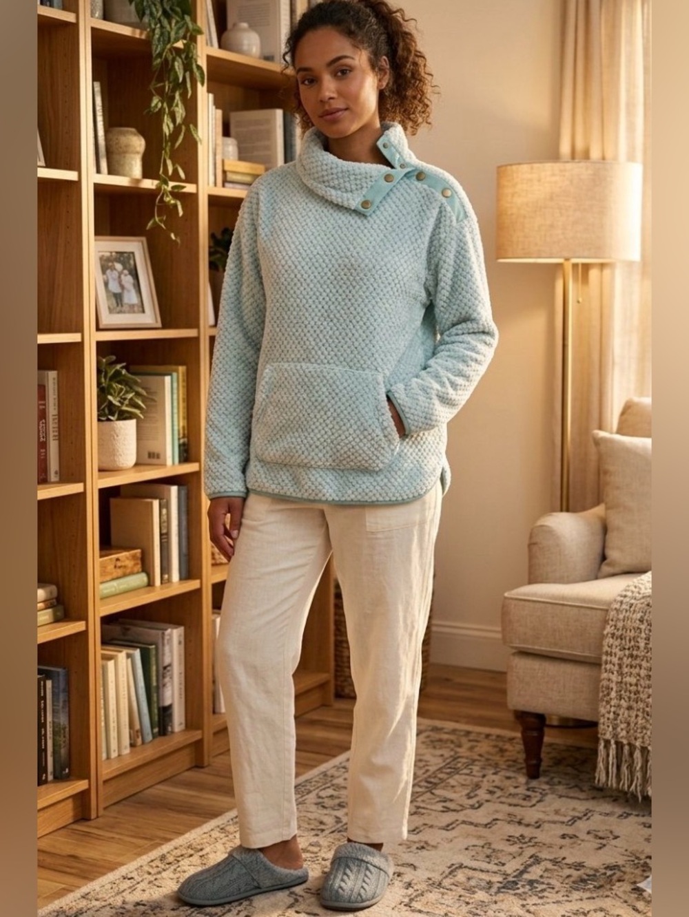 NWT. Super soft & cozy inside & out. Like wearing a blanket. Teal pullover L